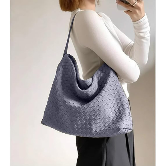 Women's Braided Suede Leather Hobo Tote Y2K Woven Slouchy Purse w/Dust Bag Grey - Picture 3 of 5